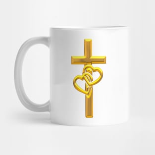 Golden 3-D look Cross with 2 Hearts Mug